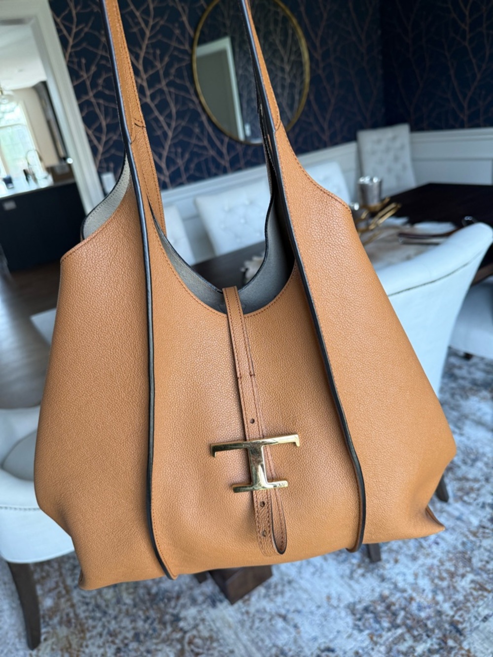Tod's Cognac Leather Medium Tote with Gold T Accent